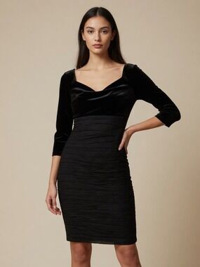 *Melanie Lyne Alex Evenings Black Velvet Ruched Cocktail Dress 8
